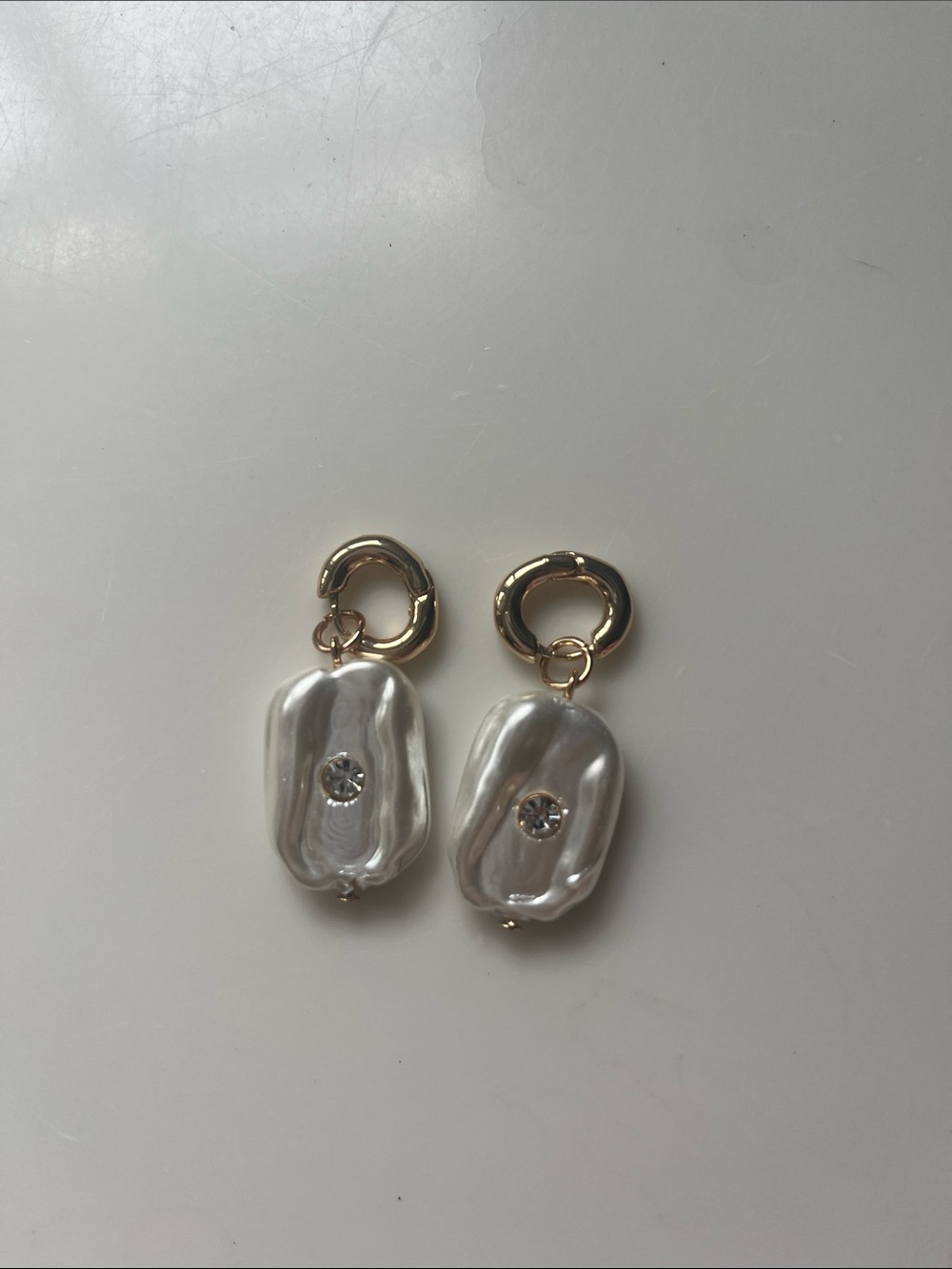 Anthropologie Gold Huggie Hoop with Pearl Drop Earrings with Crystal Accent